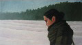 Łukasz Ciaciuch - paintings, Portrait in the winter forest, oil on cardboard, 50cm x 27cm